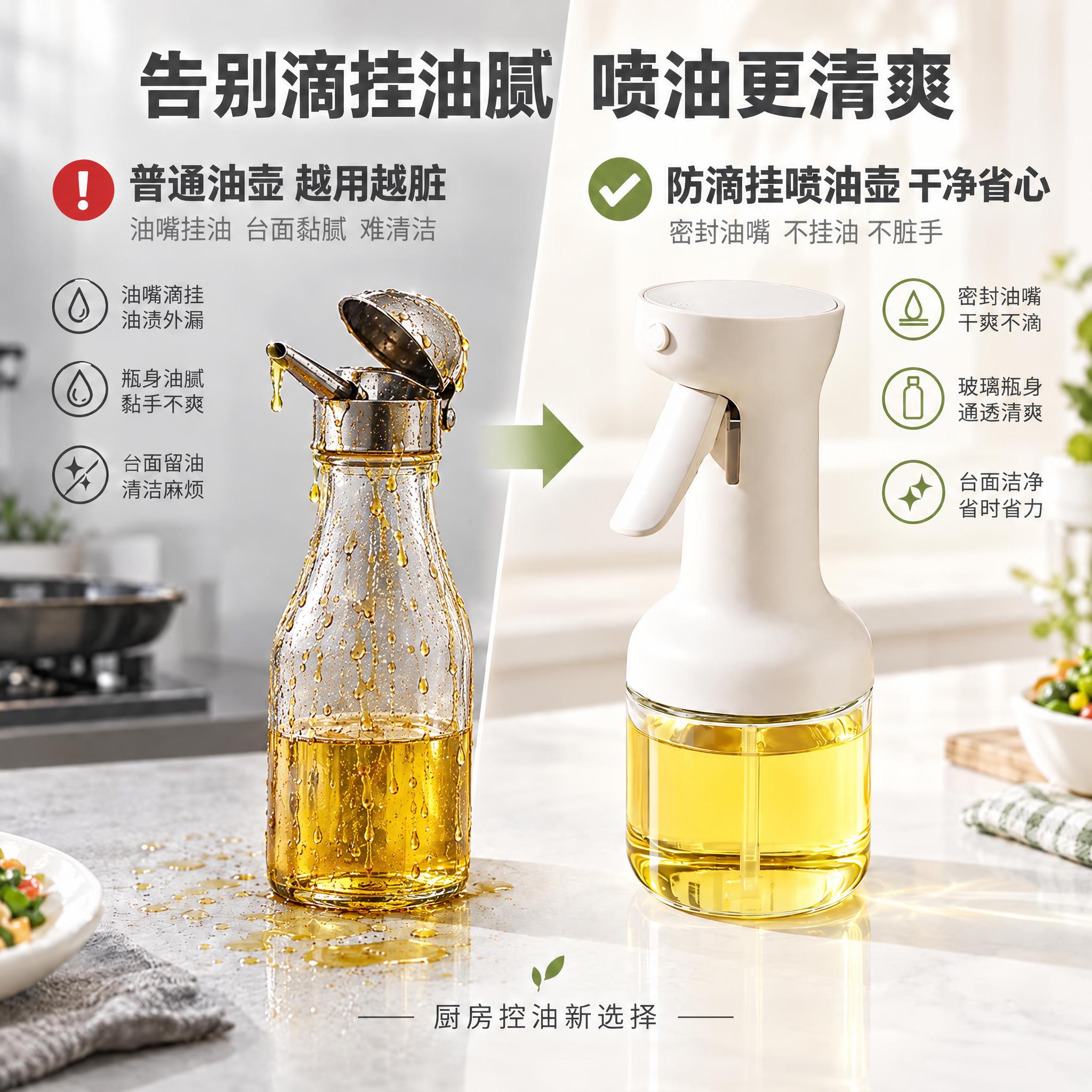 将左侧的普通油壶替换为完全不同的款式：改为传统翻盖式直嘴玻璃油… - 图片创意预览