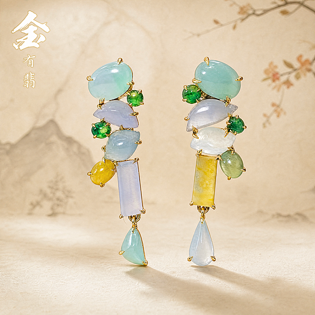[主图-1] 展示金有翡原创国风五色春声耳饰整体全貌；
[氛围风格] 清新国风高级质感，东方雅致美学；
[画质] 商业摄影质感、光线柔和通透、产品清晰真实、画面干净高级。
[元素] 将原图片中的一对金有翡五色春声耳饰居中摆放，背景替换为浅米色宣纸底，左上角放置提取出的书法字体"金有翡"品牌名；保留耳饰本身五色拼接渐变设计，玉石颜色分别为浅青、烟紫、白冰、黄翡、翠绿，保持产品外观（物理结构、材质质感、颜色）与输入产品图绝对一致，杜绝任何变形和色差，精细化处理。商品主体占比严格控制在60%-70%之间，画面满屏无边框。
[光影] 采用柔光箱柔光灯，主光从45度侧上方打光，突出玉石温润通透质感，金属包边用窄条轮廓光勾勒，高光自然不溢出，暗部保留细节层次感。
[配色] 主色调为浅米宣纸色，配色提取耳饰本身天然玉石五色，整体干净雅致，凸显浅色国风特色。
[视角构图] 平视拍摄，景深适中，突出主体耳饰，浅景深虚化背景，轮廓完整不裁切。
[文字版式] 左上角书法字体"金有翡"，白色字配淡金色细描边，放置在负空间，不遮挡产品主体，保持整体留白透气感。
[比例分辨率] 1:1比例，4k分辨率；文字清晰可辨，超高清。
[负向提示词] 变形，水印，文字错乱，产品图模糊，背景杂乱，廉价塑料感，文字遮挡产品主体