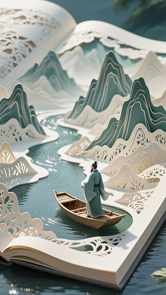 古典中式剪纸风插画，书页间山水环绕，文人泛舟其上，超现实意境。