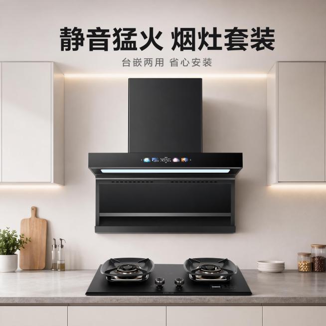 [主图-1] 烟机灶具套装 静音猛火核心卖点首图。[氛围风格] 现代简约厨房场景 科技质感 简约高级。[画质] 商业摄影质感、光线柔和通透、产品清晰真实、画面干净高级。[元素] 黑色吸油烟机安装于厨房预览效果