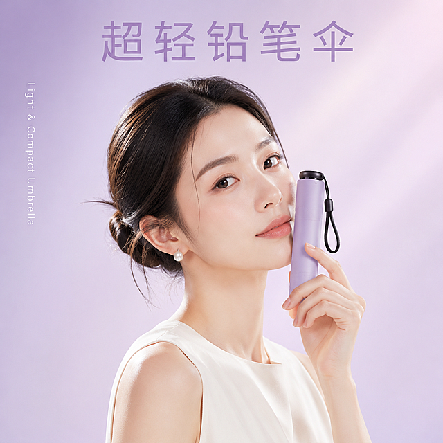 电商主图，整体为低饱和淡紫色渐变背景，干净柔和无多余元素，采用高级柔光打光，画面通透有质感。画面主体是一位气质温婉的年轻东方女性，妆容清透干净，低盘发造型，身穿简约米白色无袖上衣，佩戴小巧珍珠耳钉，手持一支折叠状态的淡紫色铅笔伞，伞身纤细笔式造型，带黑色编织挂绳，将伞轻靠脸颊，姿态优雅舒展，突出产品 "轻、小、便携" 的核心卖点。画面顶部居中放置淡紫色无衬线极简主标题 "超轻铅笔伞"，左侧竖排搭配白色简约英文小字 "Light & Compact Umbrella"，整体排版干净高级，色调统一柔和，无多余杂乱文字，视觉聚焦产品与模特，传递清新轻奢的调性，适配抖音电商主图吸睛需求。