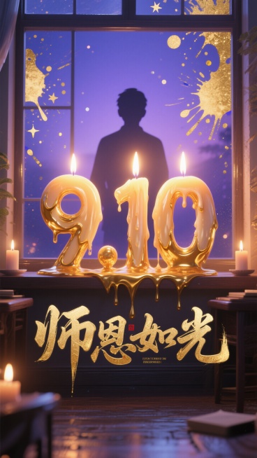 透过窗户往里面看，画面核心部分是由蜡烛蜡油构成的数字 “9.10”。蜡烛蜡油呈现出一种自然的流动质感，就像是正在融化滴落的瞬间被定格。数字边缘有细腻的纹理与光泽。烛火明亮且有柔和的光晕，背景为深邃的蓝预览效果