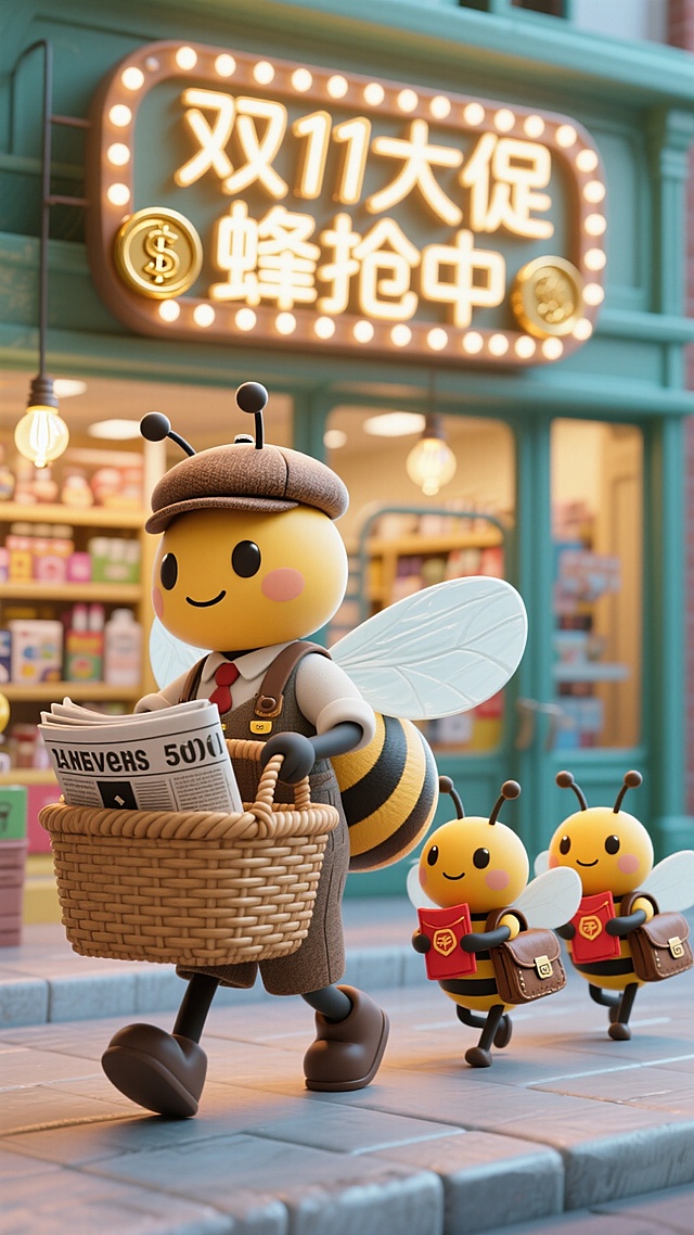 软3D风拟人小蜜蜂，温馨卡通场景，霓虹灯招牌“双11大促蜂抢中”，趣味促销氛围浓厚，可爱感十足。