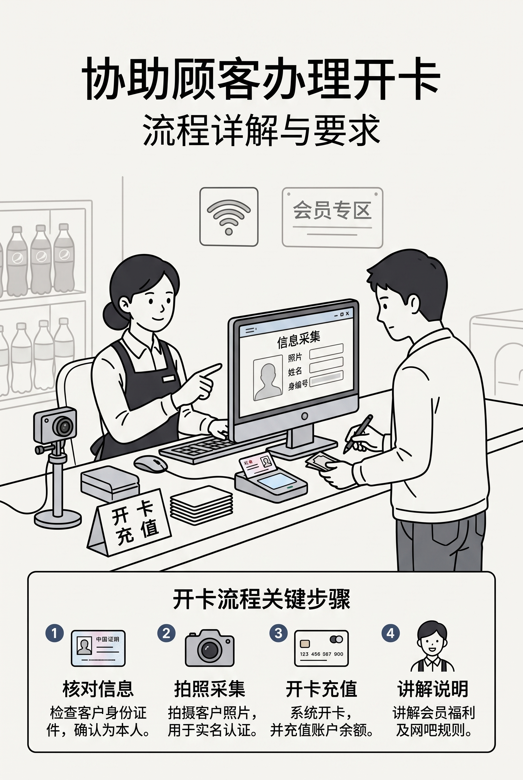 简笔画，矢量图形，扁平风，主题是"协助顾客办理开卡"，网吧前台… - 图片创意预览