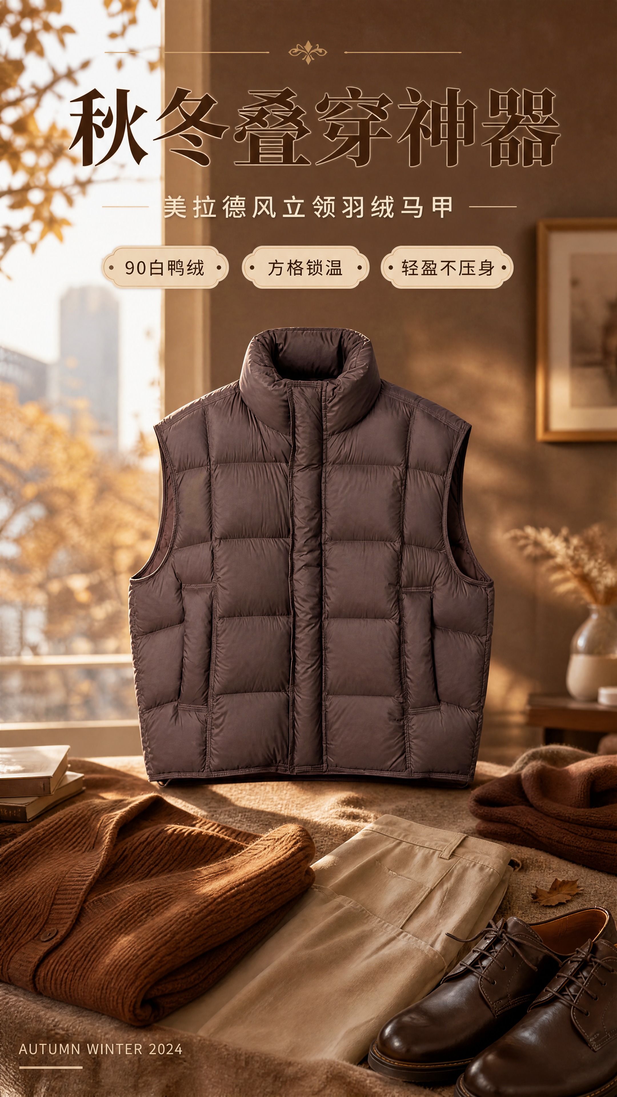 [商品] 使用【图1】深棕色立领方格绗缝羽绒马甲；商品处理：保… - 图片创意预览