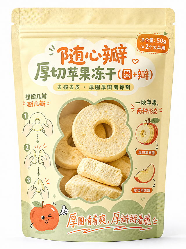 自立夹链袋食品包装设计，净含量50克冻苹果干，正面异形云朵状透窗，透窗内展示2个0.8cm厚环状苹果圈加2个瓣状块堆叠，厚圈中心圆孔明显，色泽暖白偏淡金，表面可见细腻蜂窝孔；透窗左侧卡通手剪影数1、2、3配文"想掰几瓣掰几瓣"，右侧小漫画苹果切厚圈厚瓣指向成品配文"一块苹果，两种形态"，底部俏皮手写体"厚圈啃着爽，厚瓣掰着脆"；正面上方圆润字体标题"随心瓣 厚切苹果冻干（圈+瓣）"，副标题"去核去皮 · 厚圈厚瓣随你掰"，右上角小标签标识"净含量：50g ≈ 2个大苹果"；配色奶油黄+浅灰绿+亮橘色，柔和明快带轻微网点纹理，整体调性轻松活泼，适合个人解馋。