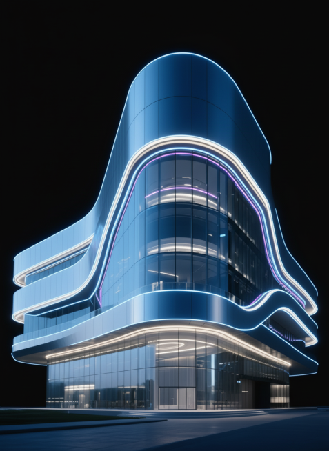 将此建筑的照片转换为凌厉、冷峻的赛博朋克3D渲染风格，保留建筑的突出特征，纯色背景。预览效果