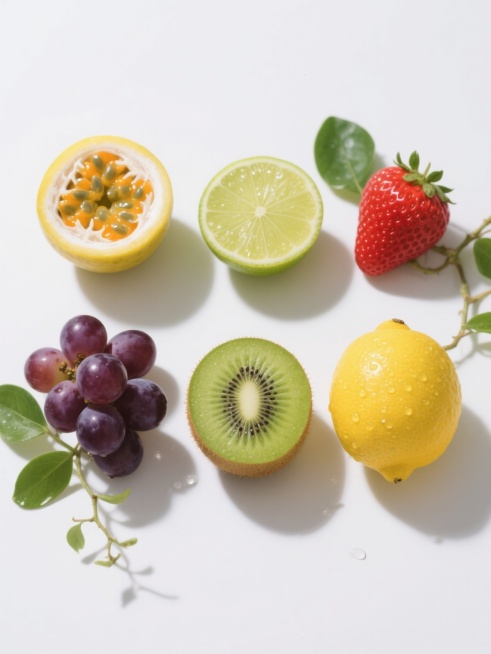 高清晰商业产品摄影风格，纯白背景，六款不同样式的新鲜水果整齐排列，包含完整与切开的黄色百香果（展现内部橙黄色籽囊与白色果瓤）、新鲜青柠、红草莓、紫葡萄、绿猕猴桃、黄柠檬，每个水果表面带有自然光泽与晶莹水珠，搭配翠绿新鲜的叶片与藤蔓点缀，光线从斜上方均匀照射形成柔和阴影，色彩鲜艳饱和，细节纹理清晰可见，构图对称平衡，画面干净通透，突出水果的新鲜感与质感。预览效果