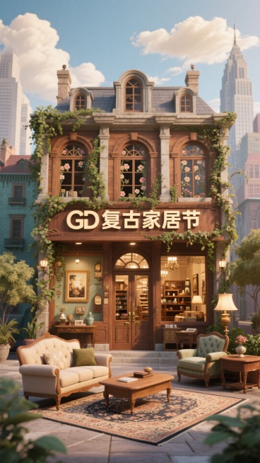 一座复古感的欧式建筑，门头写着 “GD复古家居节”，通体采用棕木与花窗材质，搭配藤蔓装饰。店内陈列着复古沙发、木质茶几、花纹地毯、装饰画与古典灯具；背景是典雅的复古都市天际线，米白流云。预览效果
