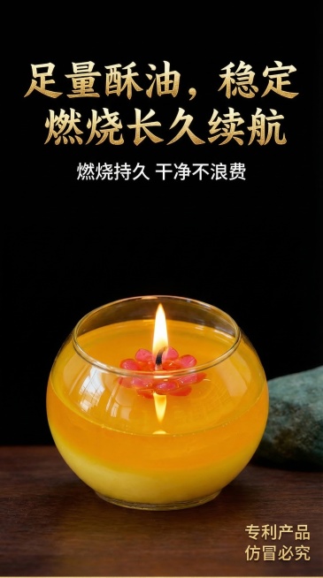 电商详情页第十页，燃烧时长展示，内容：足量酥油，稳定燃烧长久续航，燃烧持久干净不浪费，纯黑色背景，古朴国风，产品居中展示，上方标题下方文字说明，金色主标题白色说明文字，标注专利产品 仿冒必究，不出现违预览效果