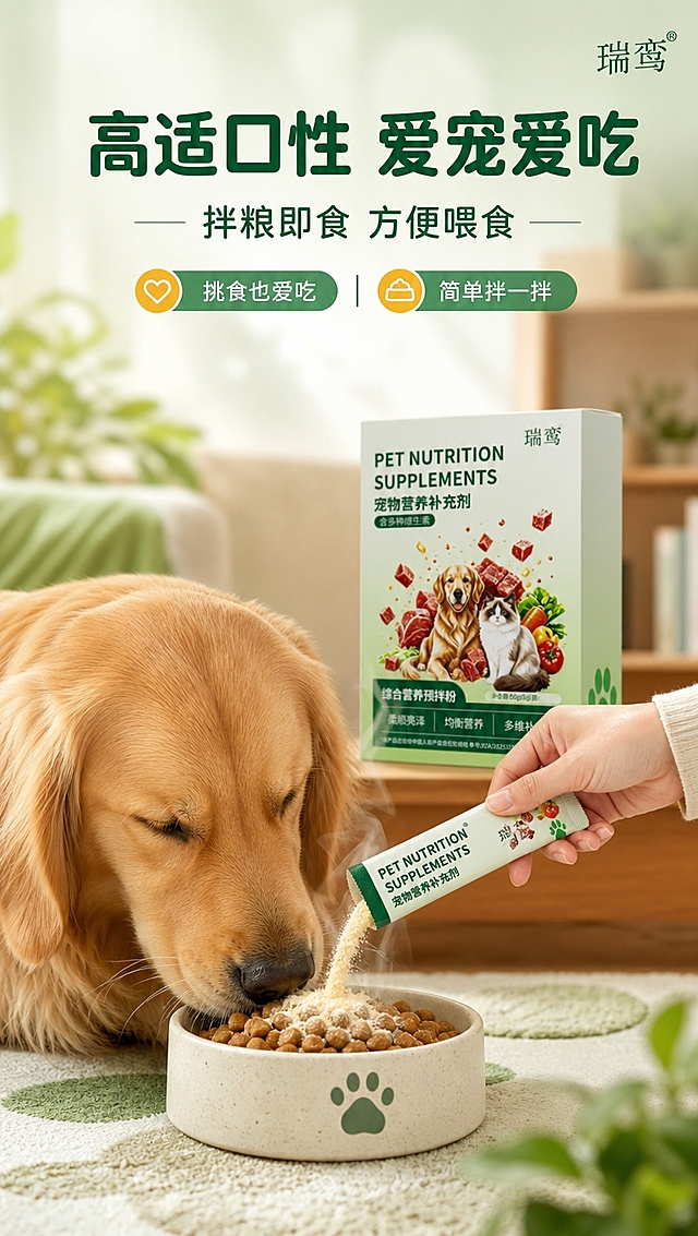 [商品] 使用【图1】瑞鸾宠物营养补充剂包装盒及独立小条装；保留包装外观、绿色主色调、瑞鸾Logo；产品包装盒置于背景偏右，独立条装在前景被手持打开，粉末缓缓倒入食盆，产品相关元素占画面约45%。
[画面] 目标：适口性与喂食场景页，展示宠物爱吃不抗拒。构图：中景场景，温馨家居环境（客厅/阳台一角），金毛犬或布偶猫正低头吃着拌有营养粉的食物，旁边有主人的手正在撕开独立条装。食盆里的食物冒着微微热气/香气，宠物表情满足。前景食盆和宠物，中景手部动作和条装，后景虚化家居环境和产品包装盒。≥3层视觉层次。
[视觉] 套系策略：风格=清新自然宠物营养商业摄影风；标题字=圆润无衬线粗体；正文字=简洁无衬线体；主色=清新草木绿；背景延展=基于草木绿做深浅渐变、同色系层次和细腻柔光质感；强调色=暖金色，仅用于小面积图标、营养光点、标签高亮；标题色=深墨绿；正文色=深灰绿；组件=圆角浅绿信息卡、细线引线、胶囊形标签；光影=自然暖光窗边光，温馨柔和。
[文字] 顶部主标题「高适口性 爱宠爱吃」，副标题「拌粮即食 方便喂食」，下方2个短卖点：挑食也爱吃 | 简单拌一拌。文字全部横排，位于画面上方留白处，不遮挡宠物和喂食动作主体。
[规格] 图片比例9:16竖版，4K分辨率，负向提示：避免变形、错字、文字过小、宠物形象失真、产品包装错乱、医疗化表述。