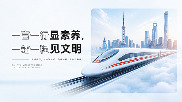 参考原图片排版风格，简约现代商务风格，文案改为“一言一行显素养，一站一程见文明”，去掉左上角中国铁路12306的LOGO，保留原整体排版，右侧图片背景城市修改为上海城市天际线，保留高铁列车穿行在云海轨道上，整体浅色干净背景