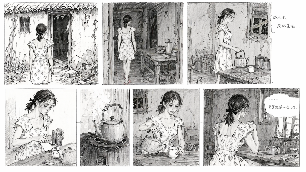 参考图中这个穿碎花连衣裙、扎马尾穿粉色拖鞋的女性角色，画她转身走向破败房屋内准备泡茶的场景，保持之前统一的黑白分镜手绘草稿风格预览效果