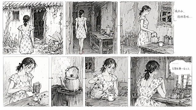 参考图中这个穿碎花连衣裙、扎马尾穿粉色拖鞋的女性角色，画她转身走向破败房屋内准备泡茶的场景，保持之前统一的黑白分镜手绘草稿风格