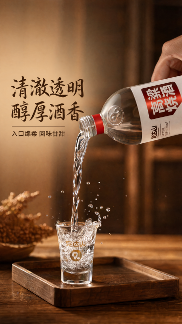 [第3屏] 酒体质感展示-完达山高粱烧酒倒酒特写。本屏使用【图4】作为商品主体，【图1】作为风格参考。
[氛围/风格] 动态食欲感，暖棕氛围，商业高速摄影质感，突出酒液清澈透明。
[元素布局] 画面右预览效果