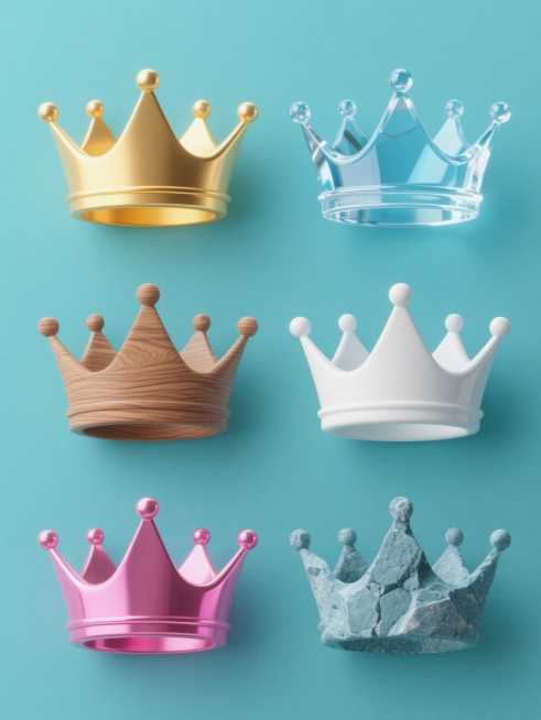 六个相同造型的皇冠图标系列，每个皇冠采用完全不同的材质和整体色彩，保持原皇冠的五尖顶带圆珠造型，规整排布在纯色背景上。材质分别为：1. 哑光金色金属质感，暖黄色调；2. 透明水晶质感，冰蓝色调，带有折射光泽；3. 磨砂木质纹理，棕褐色调，表面有自然木纹；4. 光滑陶瓷质感，纯白色调，带有细腻高光；5. 亮面塑料质感，亮粉色调，色彩饱和鲜艳；6. 粗糙石材质感，青灰色调，带有岩石颗粒纹理。每个皇……预览效果