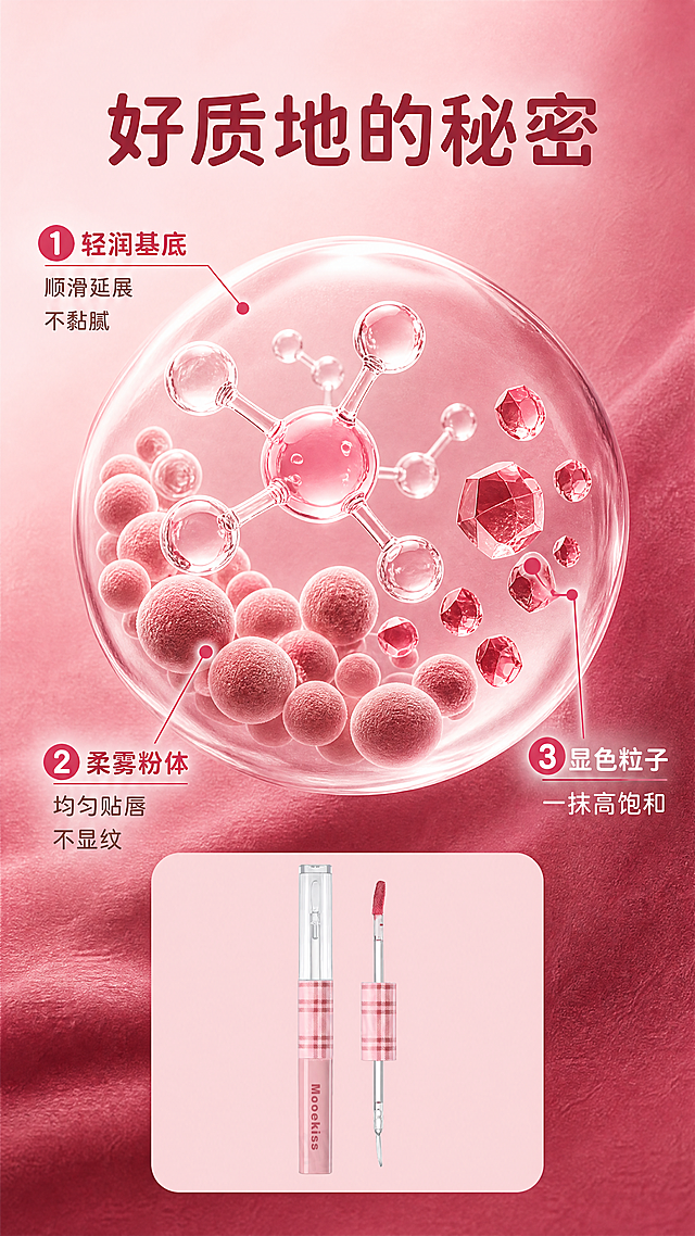 [商品] 使用【图1】Mooekiss 玫红色液体唇釉：保留粉白格纹盖帽、透明管身、粉色磨砂瓶身、瓶身'Mooekiss'文字；去除原图中的得物水印、二维码与平台角标。
[画面] 配方机理页：背景为深玫红丝绒质感（柔雾浅粉的深色延展），画面中央放大'轻润基底分子+柔雾粉体颗粒+显色粒子'的3D机理示意图，核心元素合计占画面55%以上，配①②③编号引线；产品小图置于底部居中浅粉圆角卡片上。
[视觉] 套系策略：风格=甜美高级美妆杂志风；标题字=圆润现代无衬线粗体；正文字=简洁无衬线体；主色=柔雾浅粉；背景延展=柔雾浅粉至深玫红的深浅层级与细腻丝绒质感；强调色=玫红，仅用于小面积图标、引线和标签；标题色=深玫红；正文色=暖灰褐；组件=圆角浅粉信息卡、细线引线、圆形编号胶囊；光影=柔和漫射光+局部柔光高光。
[文字] 主标题'好质地的秘密'，3条机理说明：①轻润基底 顺滑延展 不黏腻；②柔雾粉体 均匀贴唇 不显纹；③显色粒子 一抹高饱和；文字横排，元素大而清晰。
[规格] 9:16竖版，4K分辨率；避免错字、文字过小、竖排或旋转文字、冷蓝/冷灰背景、得物水印残留、平台Logo、产品颜色改变。