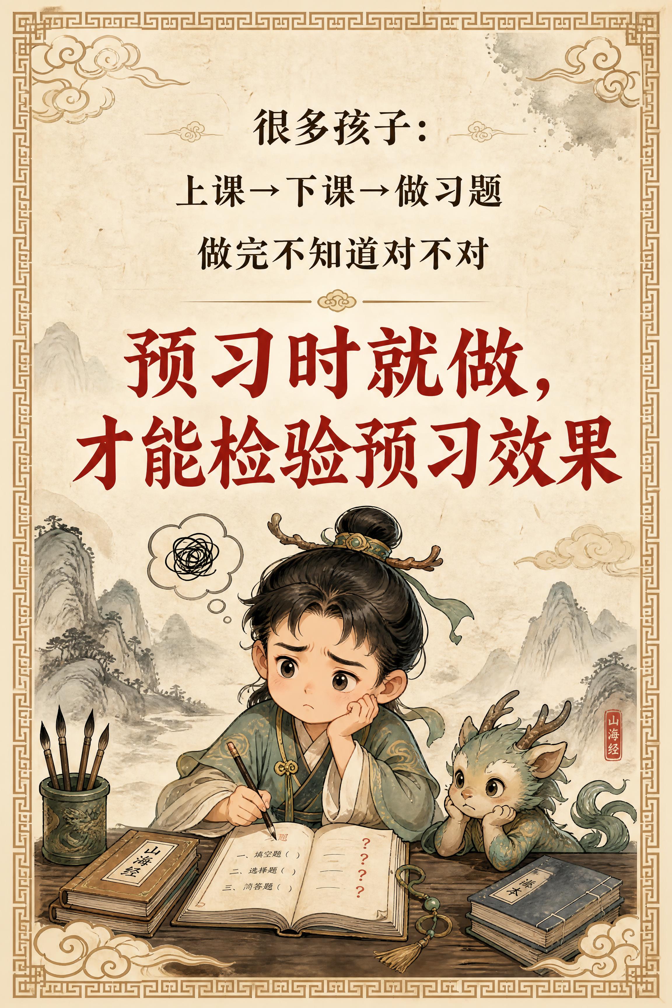 小红书笔记内页，痛点插画，国风山海经风格，米黄色宣纸纹理背景、… - 图片创意预览