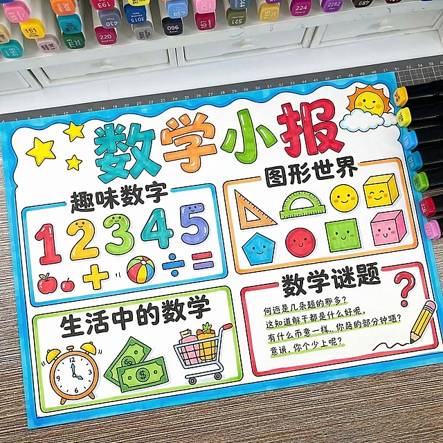 马克笔手绘手抄报风格，和参考图的卡通可爱马克笔绘画风格完全一致，主题为数学小报，包含数字、三角板、铅笔等数学相关元素，分板块展示趣味数学知识，大标题为“数学小报”，配色鲜艳活泼，排版工整清晰