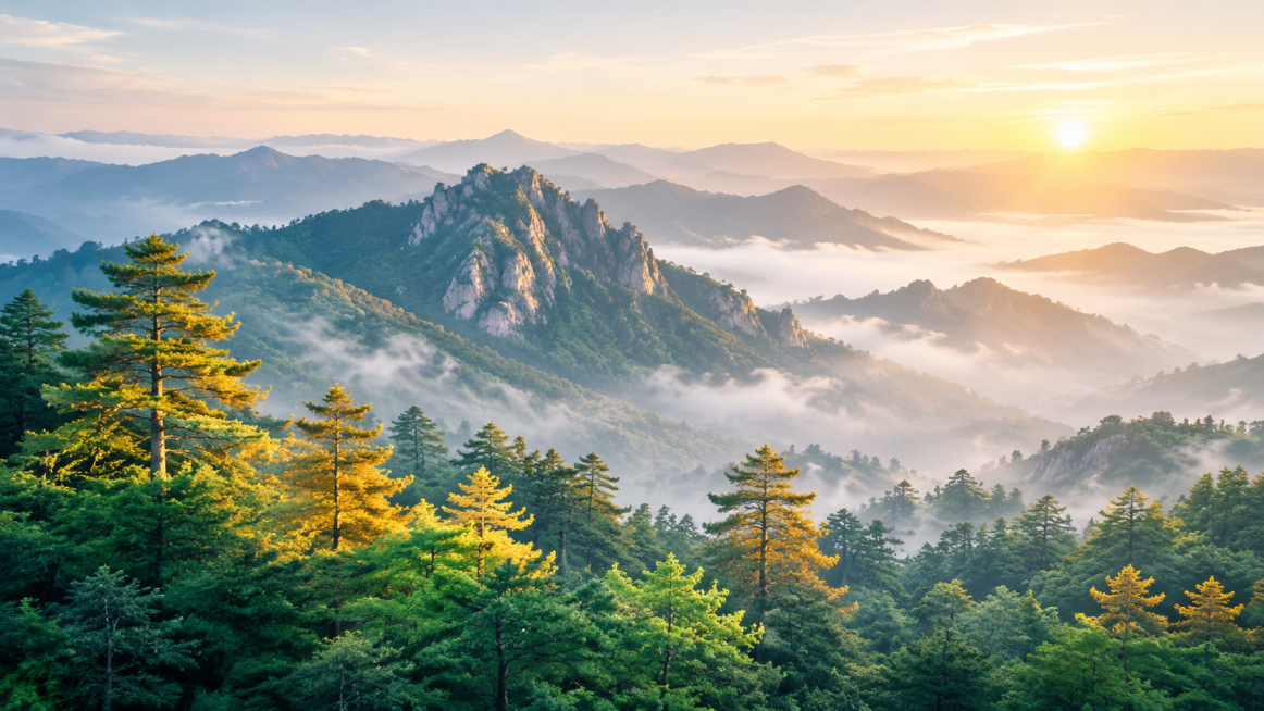 清晨的山林风景，前景是颜色鲜绿、错落茂密的松树林，几棵树木在阳光下呈现金色，在朦胧的雾气中格外醒目，中间是巍峨的山脉，远景是连绵的山脉和淡淡的柔和日出，整体色调清新淡雅预览效果