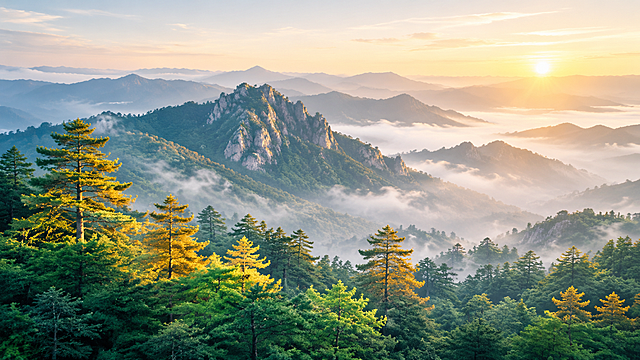 清晨的山林风景，前景是颜色鲜绿、错落茂密的松树林，几棵树木在阳光下呈现金色，在朦胧的雾气中格外醒目，中间是巍峨的山脉，远景是连绵的山脉和淡淡的柔和日出，整体色调清新淡雅