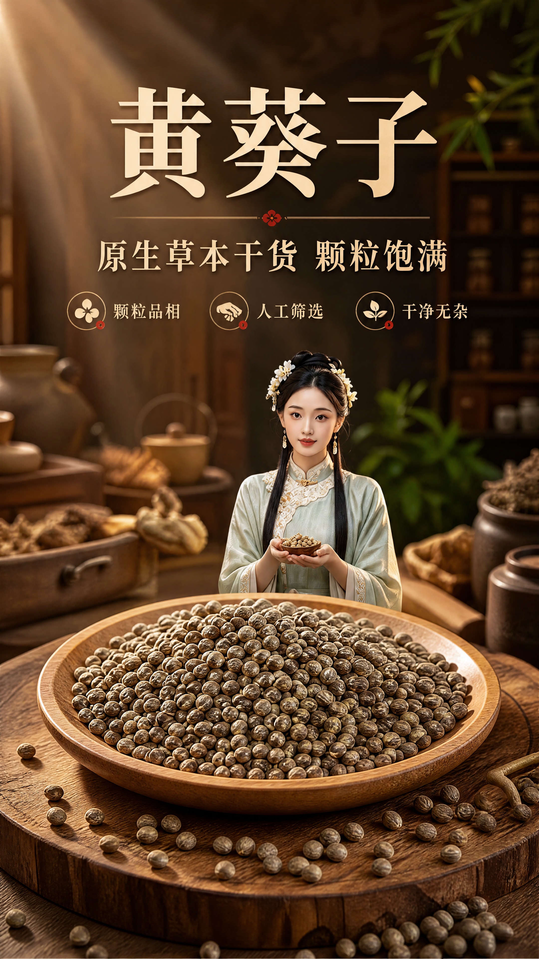 [商品] 使用【图1】古风场景黄葵子营销图、【图2】黄葵子颗粒… - 图片创意预览