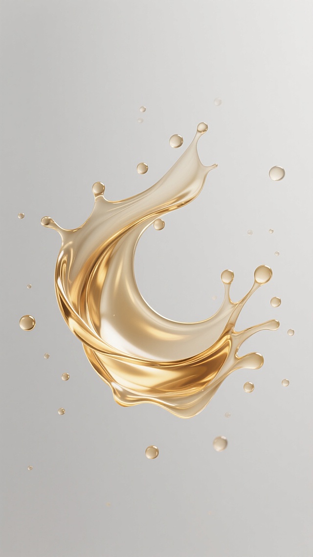 金色透明液体呈优雅动感的飞溅形态，表面光滑细腻，带有高光反射和微妙的色彩渐变，周围散落着大小不一的圆润液滴，整体悬浮于简洁纯净的浅灰色背景中，光线柔和明亮，突出液体的流动性与光泽感，营造出轻盈、奢华且宁静的氛围，画面主体清晰，背景简洁无干扰，具有高度的视觉冲击力和设计美感。