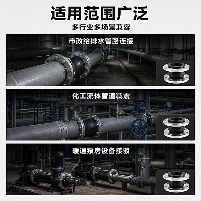 使用商品详情页技能根据商品图「图片1」生成详情页，参考图为「图片1」「图片1」「图片1」，商品名称为橡胶接头，卖点为1、商品名称：不锈钢法兰式可曲挠橡胶软接头 2、核心卖点： 耐拉伸橡胶主体，缓冲管道震动降噪 全不锈钢法兰盘，对接紧密不泄漏 一体精铸成型工艺，承压耐用抗形变 3、适用人群：管道工程安装人员、给排水系统运维人员、工业流体设备采购商 4、使用场景：市政给排水管路连接、化工流体管道减震、暖通泵房设备接驳 5、规格参数： 主体材质：弹性橡胶 连接法兰材质：不锈钢 外观结构：单球体双法兰式，适配平台为淘宝/天猫，图片比例为1:1，需求屏数为10张，