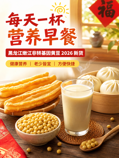 750×1000px 竖版，美食摄影风格，木质餐桌上摆放着豆浆、油条、包子和一碗黄豆，阳光从窗户照射进来，温馨早餐氛围，色调明亮，红黄色主调，高对比度，添加文字：主标题“每天一杯 营养早餐”，副标题“预览效果