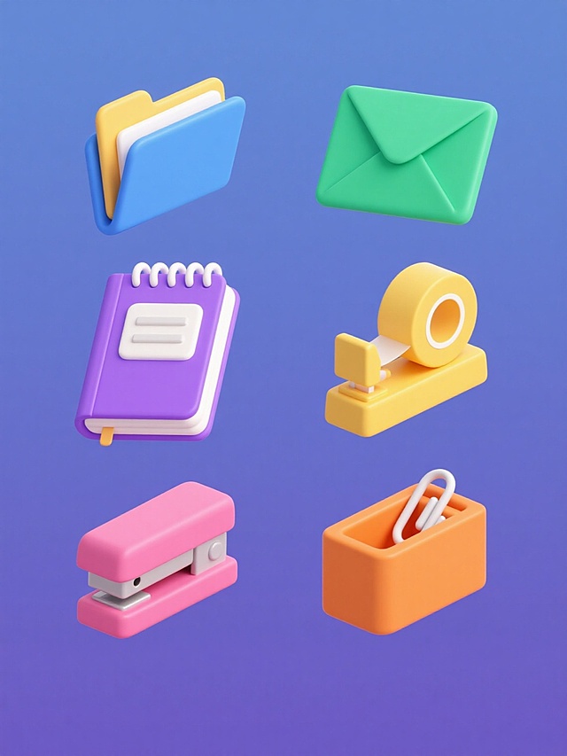 一系列6个规整排布的扁平风格办公文具图标，每个图标均为纯色背景，保持统一的2.5D立体感、圆润边角设计和简洁线条风格，整体色彩变换为不同明快色调；包含文件夹（蓝色）、信封（绿色）、笔记本（紫色）、订书机（黄色）、胶带座（粉色）、回形针盒（橙色），每个图标具有清晰的轮廓、适度的阴影层次和一致的视觉重量，呈现出协调的系列感和现代办公设计美学。