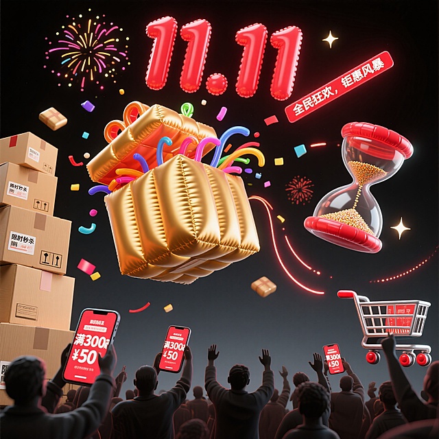 画面中央，巨型金色礼盒喷涌出彩带与电子烟花，背景是霓虹灯交织的"11.11"立体字样。左侧堆叠如山的快递箱贴上"限时秒杀"标签，右侧悬浮着倒计时沙漏，沙粒化作折扣符号飘散。底部人群剪影高举手机屏幕，映出"满300减50"的红色弹幕，空中飘浮的购物车拖着星光轨迹，整体色调采用绛红与鎏金碰撞，传递出"全民狂欢，钜惠风暴"的炽热氛围。