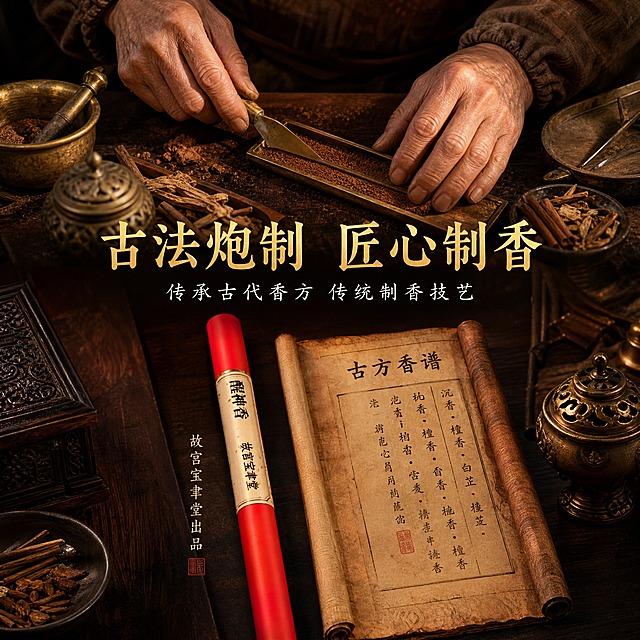 [主图-5] 传统工艺 品质背书 制香技艺展示图
[统一基调] 东方雅致故宫国风 小红书原生氛围感 朱砂红与米白宣纸色为主色调 烫金点缀 宋体标题字 细楷辅助字 金边米白卡片 整体温润高级 有书卷气
[画面] 画面采用上下构图 上方是老匠人双手正在制香的特写 手粗糙有岁月感 正在用工具整理香材 旁边放着铜制的制香工具和各种香材 下方居中展示红色醒神香管 香管旁放着一张古旧的香方卷轴 卷轴上写着古方字样 背景为深棕色 有老作坊的感觉 整体传递传统工艺匠心品质
[光影质感] 暖黄色侧光 突出手部纹理和工具质感 香管漆面光泽温润 卷轴纸张有年代感 整体厚重有故事感 商业摄影质感
[配色] 主色深棕色 木色 朱砂红 古铜色 米黄宣纸色 整体暖调厚重
[文字版式] 顶部主标题古法炮制 匠心制香 大号宋体烫金色 下方副标题传承古代香方 传统制香技艺 细楷米白色 底部香管旁有小字标注故宫宝聿堂出品 文字清晰 不遮挡主体
[输出要求] 比例1:1 文字清晰可读 产品清晰不变形 无错字 无水印 无平台logo 画面有质感有故事