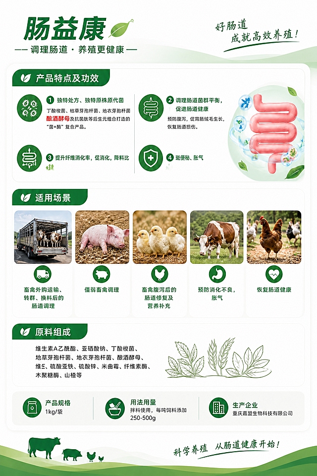 修改这张肠益康详情海报的两处文字内容：
1. 产品特点及功效第4条的"斑便秘、胀气"改为"防便秘、胀气"
2. 产品特点及功效第1条文字中加上"酿酒酵母"，并突出酵母菌，改为："独特处方、独特原株原代菌丁酸梭菌、枯草芽孢杆菌、地衣芽孢杆菌、酿酒酵母及抗菌肽等后生元组合打造的"菌+酶"复合产品。" 其中"酿酒酵母"四个字加粗或用不同颜色突出显示
其他内容和整体布局保持不变