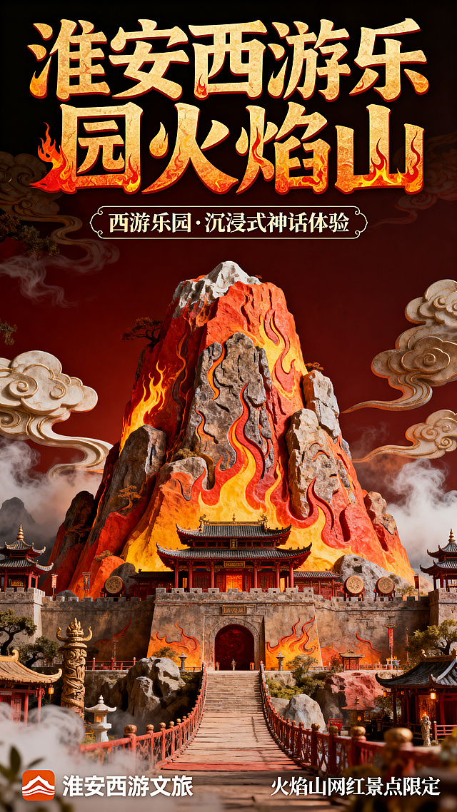 淮安西游乐园火焰山网红景点文创海报，主色调为暖红和橙黄火焰色系，还原火焰山特色建筑、山体造型与场景布置，搭配火焰纹理、山石肌理、古风云雾装饰元素，元素丰富，设计高级复杂，构图饱满协调，凸显西游乐园沉浸式神话游玩场景，彰显淮安西游文旅独特魅力，贴合西游文创系列统一风格，氛围感强，视觉冲击力强