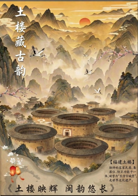 去除图片中的宫殿样建筑，保留土楼、山峦、飞鸟、梅花等元素，画面自然和谐预览效果