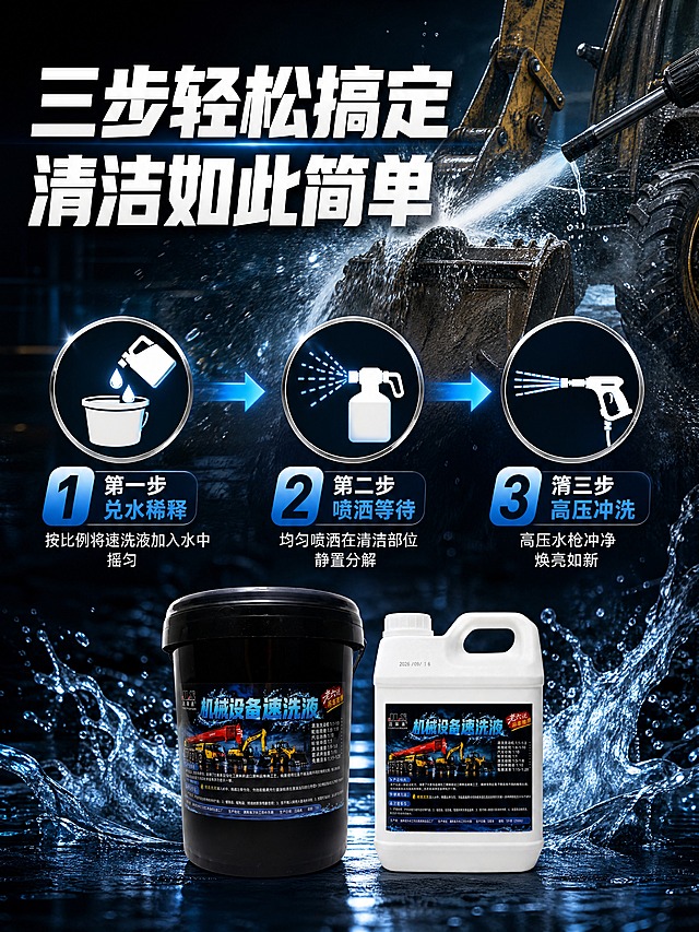 [商品] 使用【图1】黑色桶装和【图2】白色壶装洁莱素机械设备速洗液，两款产品小尺寸展示在画面底部；保留产品原貌。
[画面] 流程箭头型，目标展示通用三步使用流程，强化操作简单。画面中部为三步流程横向排列，每步配大图标+步骤编号+简短说明，步骤间用蓝色发光箭头连接。背景为高压水枪冲洗机械的动感场景，水花飞溅效果，深蓝黑工业色调。底部两款产品并排摆放。
[视觉] 套系策略：风格=工业硬核商业摄影风；标题字=粗黑体厚重有力；正文字=清晰无衬线黑体；主色=深蓝黑；背景延展=深蓝黑渐变+水花飞溅动感背景；强调色=亮蓝色，用于箭头、步骤编号、图标光效；标题色=白色；正文色=浅灰白；组件=圆形大图标、发光箭头、步骤编号胶囊；光影=中心亮四周暗的聚光效果，突出流程步骤。
[文字] 顶部主标题"三步轻松搞定 清洁如此简单"；三步内容："第一步 兑水稀释 按比例将速洗液加入水中 摇匀""第二步 喷洒等待 均匀喷洒在清洁部位 静置分解""第三步 高压冲洗 高压水枪冲净 焕亮如新"。文字均横排，步骤数字大而醒目。
[规格] 图片比例3:4竖版，4K，避免变形、错字、文字过小、商品颜色改变、极限词。