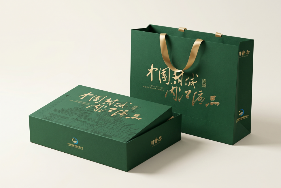 根据提供的礼盒平面展开图和手提袋平面展开图生成配套的样机效果图，礼盒和手提袋同时出现在画面中，保持参考图中的外观特征、尺寸比例、颜色完全不变。礼盒和手提袋为特种纸材质，手提袋提手为金色丝带，文字做凸印预览效果