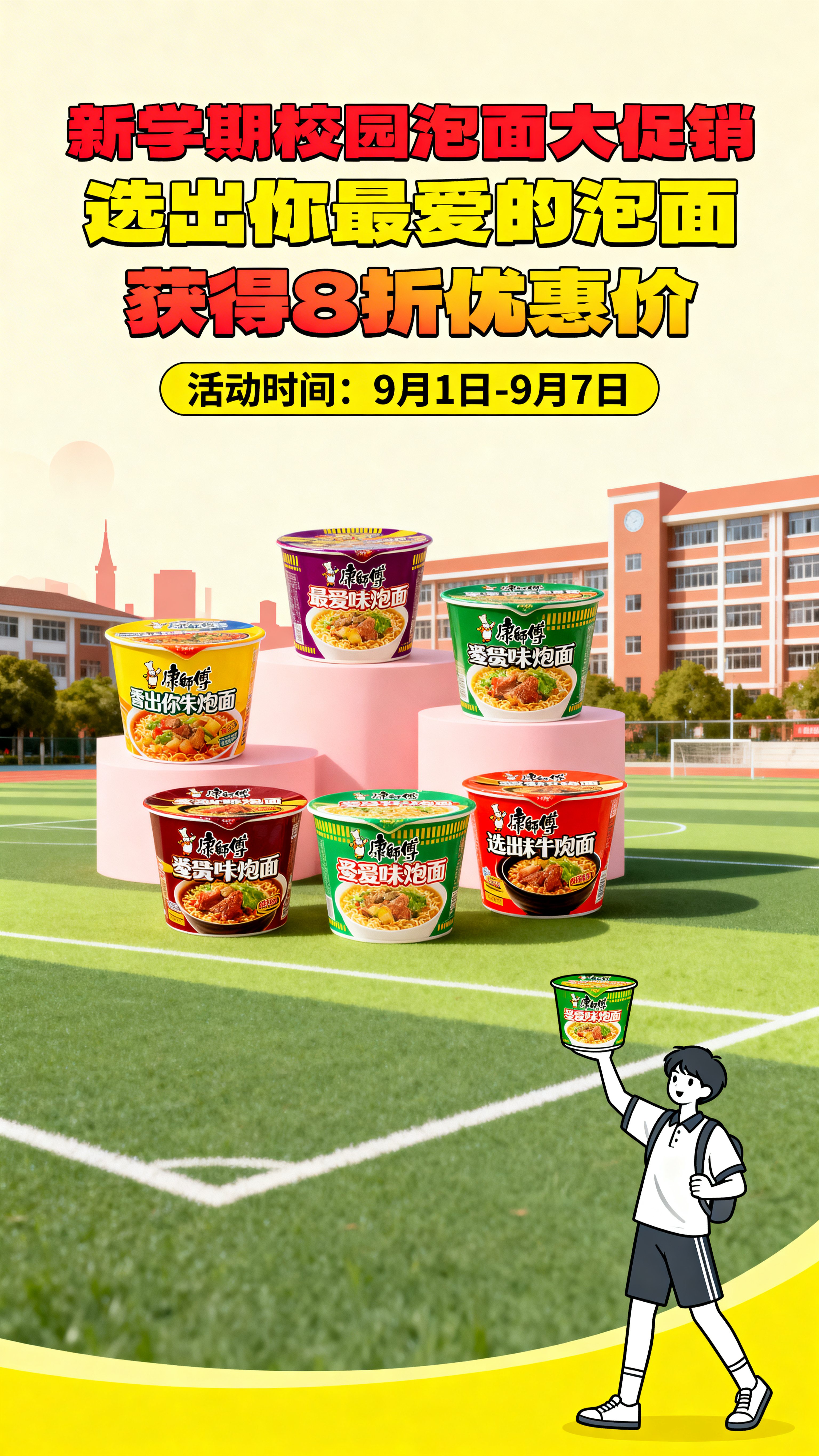 新学期校园泡面大促销宣传海报，青春活力的校园风格，摆放着多款不… - 图片创意预览
