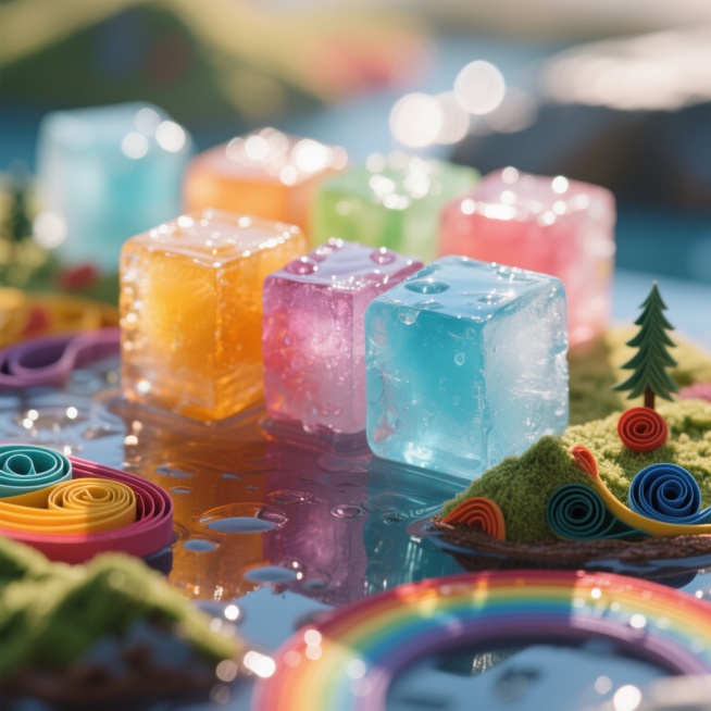 Macro shot of melting colored ice cubes forming a miniature landscape, vibrant Kodak Portra 400 film预览效果
