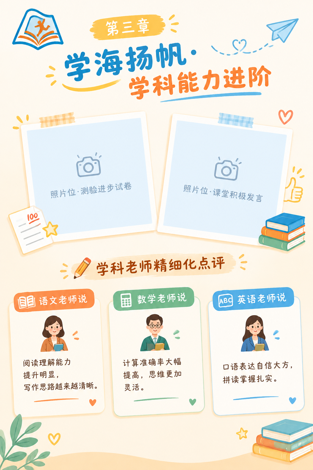 A4竖版成长纪念册跨页右页（P9），第三章"学海扬帆 · 学科… - 图片创意预览