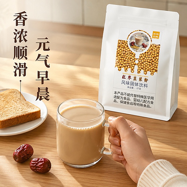 [主图-4]冲饮场景体验图，展示饮用效果；氛围风格：温馨生活早餐场景，代入感强；画质：商业摄影质感、光线柔和通透、产品清晰真实、画面干净高级；元素：红枣豆浆粉包装袋斜放在北欧风早餐桌右上角，桌面中心放着一杯冲好的红枣豆浆，搭配一片全麦吐司和两颗红枣，桌面是浅橡木纹理，背景虚化模糊的厨房橱柜，营造温馨居家早餐氛围，一只手正握着豆浆杯把手，自然互动；保持产品包装外观与输入产品图绝对一致，杜绝任何变形和色差，商品主体占比约60%；光影：早晨自然光透入，柔和温暖，画面通透有生活气息；配色：主色调浅木色暖米，辅色豆浆浅棕，红枣深红；视角构图：第一人称生活视角，景深自然突出主体；文字版式：左侧竖排大字"香浓顺滑 元气早晨"，深棕粗体，不遮挡主体；输出要求：1:1 比例，文字清晰可辨，超高清商业摄影质感；负向提示词：变形，文字错乱，产品图模糊，背景杂乱，水印，电商平台Logo