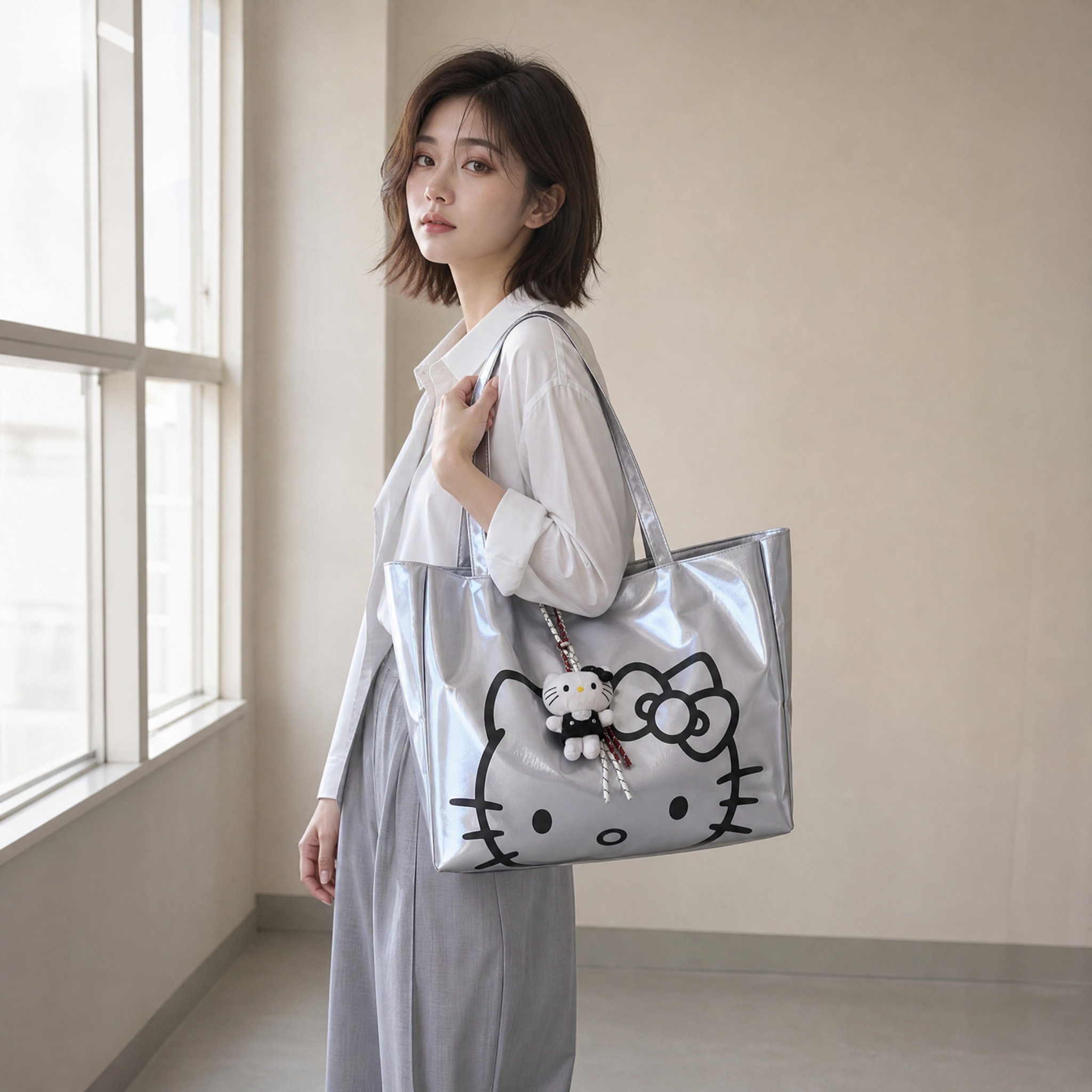 [主图-2] 银色镭射Hello Kitty托特包模特单肩背携… - 图片创意预览