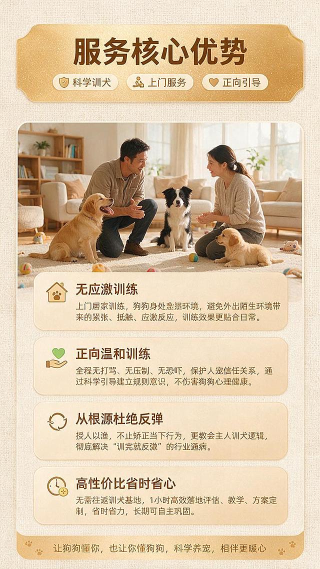 淘宝上门训犬服务详情图，9:16竖版，标题文案"服务核心优势"，文案内容："•无应激训练：上门居家训练，狗狗身处熟悉环境，避免外出陌生环境带来的紧张、抵触、应激反应，训练效果更贴合日常。
•正向温和训练：全程无打骂、无压制、无恐吓，保护人宠信任关系，通过科学引导建立规则意识，不伤害狗狗心理健康。
•从根源杜绝反弹：授人以渔，不止矫正当下行为，更教会主人训犬逻辑，彻底解决"训完就反弹"的行业通病。
•高性价比省时省心：无需往返训犬基地，1小时高效落地评估、教学、方案定制，省时省力，长期可自主巩固。"，排版清晰直观，专业温馨宠物电商风格，搭配训犬师和主人互动的温馨场景