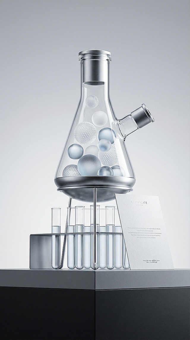 5张，主体为高级医学器皿，包含半透明渐变白色表面细密微孔的分子结构微球、器皿下方有透明的医用试管，右侧放置白色卡片；背景为纯净的浅灰渐变，底部是深灰与黑色的分层台面；光线为柔和冷调光，通过明暗对比突出金属、玻璃与纸张的材质差异；配色以银、灰、黑、透明为主，点缀淡蓝，尽显高级冷艳；构图为中心聚焦式，器皿与微球居中，画面形成视觉张力，整体呈现精致前卫的轻奢氛围。