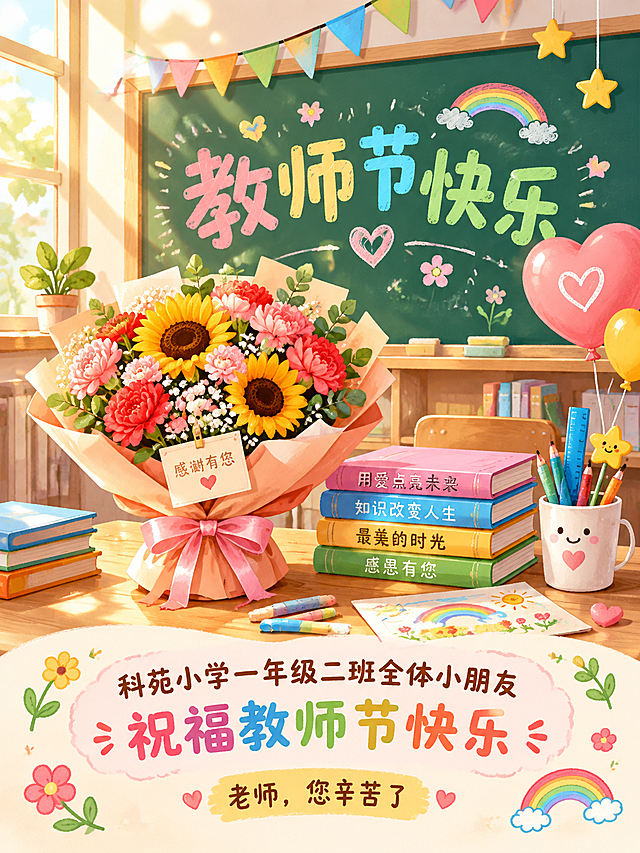 温馨童趣的教师节祝福图片设计，竖版构图，卡通插画风格。画面中央是明亮温暖的教室一角：一块绿色大黑板，黑板上用彩色粉笔写着主标题大字"教师节快乐"，黑板前摆放一束美丽的康乃馨和向日葵鲜花，旁边有堆叠的彩色图书、铅笔、文具、爱心气球、星星挂饰、小彩旗和孩子们手绘的小花、彩虹元素。整体色彩温暖明亮，以粉色、暖黄、天蓝、草绿为主色调，洒满柔和的阳光和光斑，营造感恩、幸福、欢乐的教师节氛围。画面下方清晰书写完整祝福文字："科苑小学一年级二班全体小朋友祝福教师节快乐"，并配上小字"老师，您辛苦了"，所有中文文字清晰准确、无错别字，字体圆润可爱，排版整齐美观，画面干净精致。