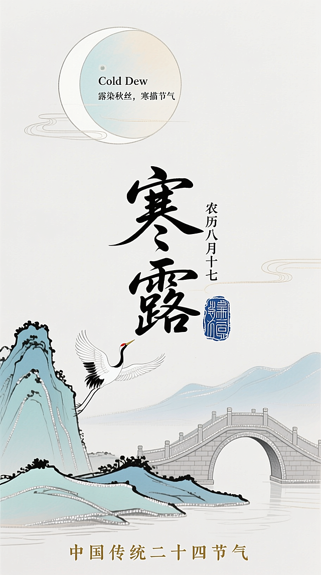 水墨风插画，工笔细腻勾勒山水桥鹤，大字书法“寒露”点睛，古典静谧中透出文艺唯美，展现传统节气的优雅意境。