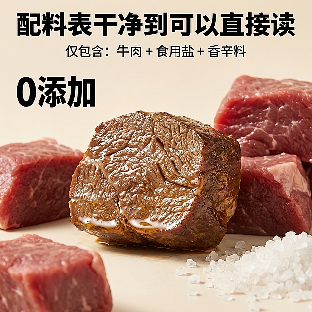 基于「图片1」，生成一套主图（5张），商品为健身牛肉，商品核心卖点是牛腱肉原料、高蛋白低脂低碳水、配料干净（仅牛肉 + 盐 + 香辛料）、开袋即食，氛围/风格是卖点直击风，用 “0 添加”+ 数据冲击，解决健康焦虑，适配淘宝/天猫平台，主图比例为1:1