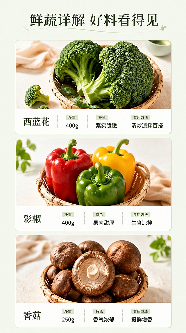 [第3屏] 单品展示，3种蔬菜分块介绍：西蓝花、彩椒、香菇。保持和原图一致的简约清新高级风格，每个蔬菜占独立区块。
[氛围/风格] 清新自然，简约高级，生鲜实拍质感，和整体详情页风格统一。
[元素布局] 页面排列为竖版三区块，每个区块上方为蔬菜实拍图，下方介绍文字，每个区域信息清晰：
1.西蓝花：净重400g，特色：紧实脆嫩，食用方法：清炒凉拌百搭
2.彩椒：净重400g，特色：果肉甜厚，食用方法：生食凉拌
3.香菇：净重250g，特色：香气浓郁，食用方法：提鲜增香
整体留白充足，排版整齐，和原详情页版式统一。
[光影质感] 均匀柔和自然光，蔬菜色泽鲜亮真实。
[配色色系] 全局底色 #F2F7EF，和之前页面保持一致，浅绿主色，深绿文字。
[文字版式] 顶部主标题「鲜蔬详解 好料看得见」，每个单品名称加粗，文字排版清晰，保持温润宋体字体，字色统一深绿色。
[比例分辨率] 宽度 750px，高度 1334px，比例 9:16，4K分辨率，文字清晰可辨，高清画质。
[负向提示词] 排版混乱，文字重叠，文字过小，蔬菜变形，颜色偏差，水印