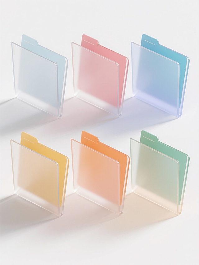 6个不同配色、不同样式、不同材质的透明塑料文件夹，每个文件夹具有独特的色彩搭配、造型设计和材质纹理，它们以整齐的方式排列在纯白色背景上，呈现出3D渲染效果，表面光滑带有轻微的半透明渐变质感，边缘清晰锐利，整体光影效果柔和，高光和阴影过渡自然，保持简约现代的产品展示风格。