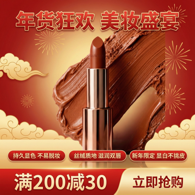 利用图片中的产品图，生成年货节电商主图，要大气喜庆，带有促销感。画面上列出产品3大卖点，促销信息为“满200减30”。预览效果